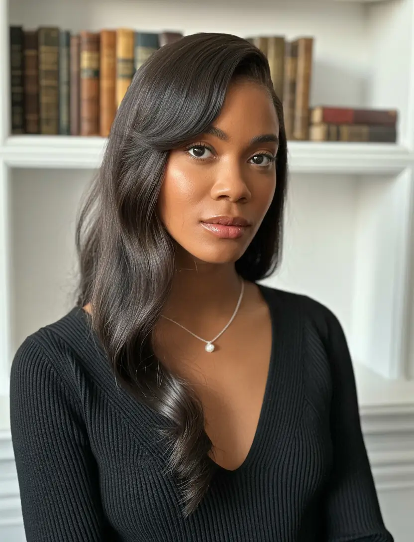 hair color for brown skin+Silken Espresso with Deep Side Sweep