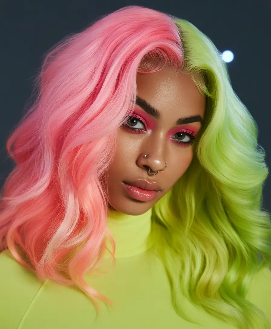 hair color for brown skin+Split-Dye Cotton Candy & Neon Lime