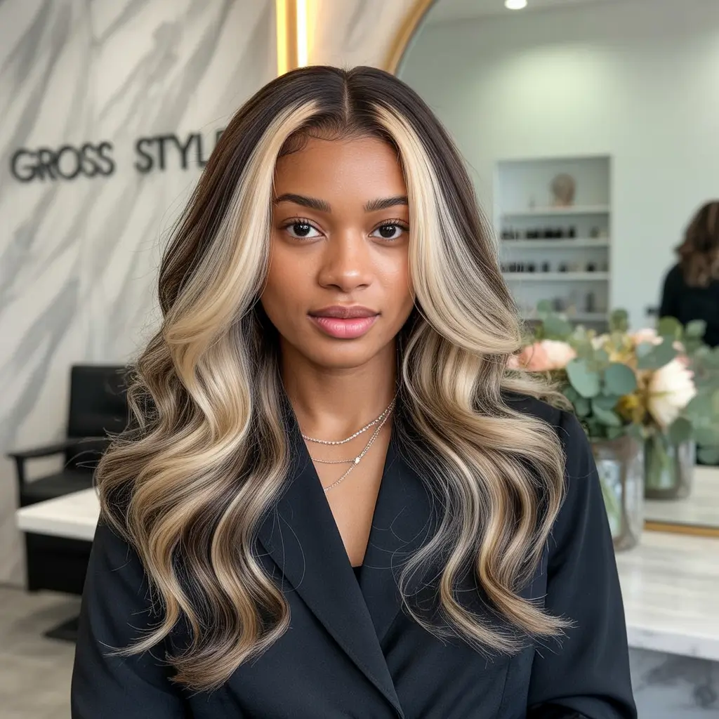 hair color for brown skin Soft Balayage Waves with Cream Face Frame