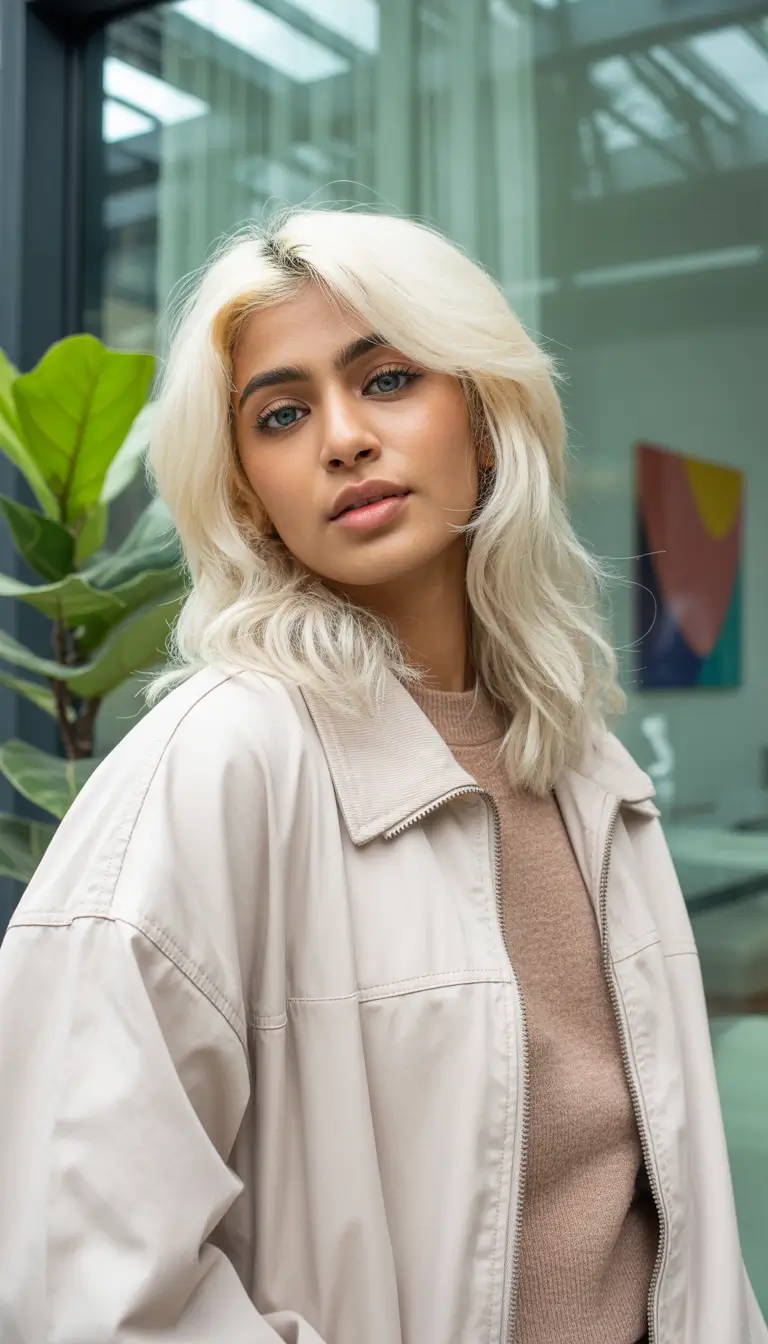 hair color for brown skin Beachy Platinum Shag with Loose Texture