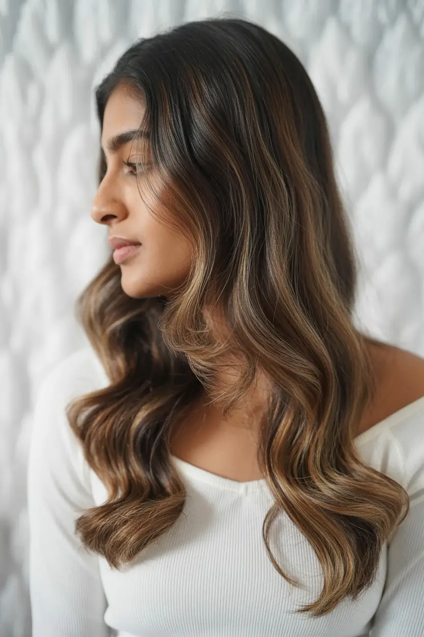 hair color for brown skin Classic Loose Curls with Caramel Veil