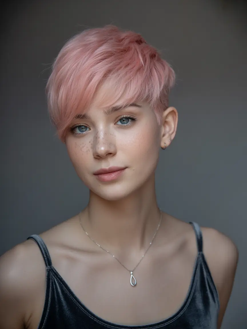 Fall short haircut Soft Pink Pixie with Feathered Texture