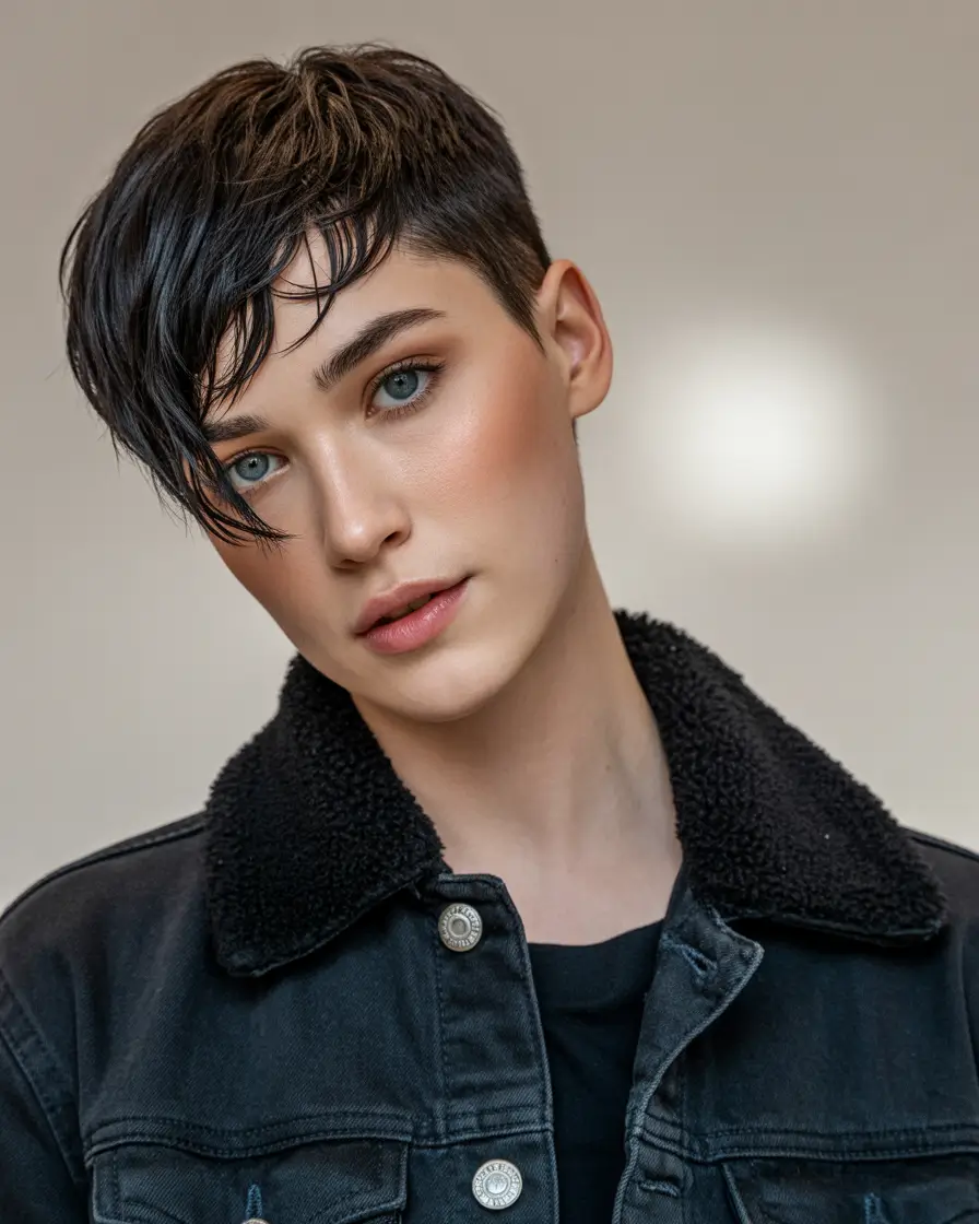 Fall short haircut Wet-Look Tapered Pixie with Side Fringe