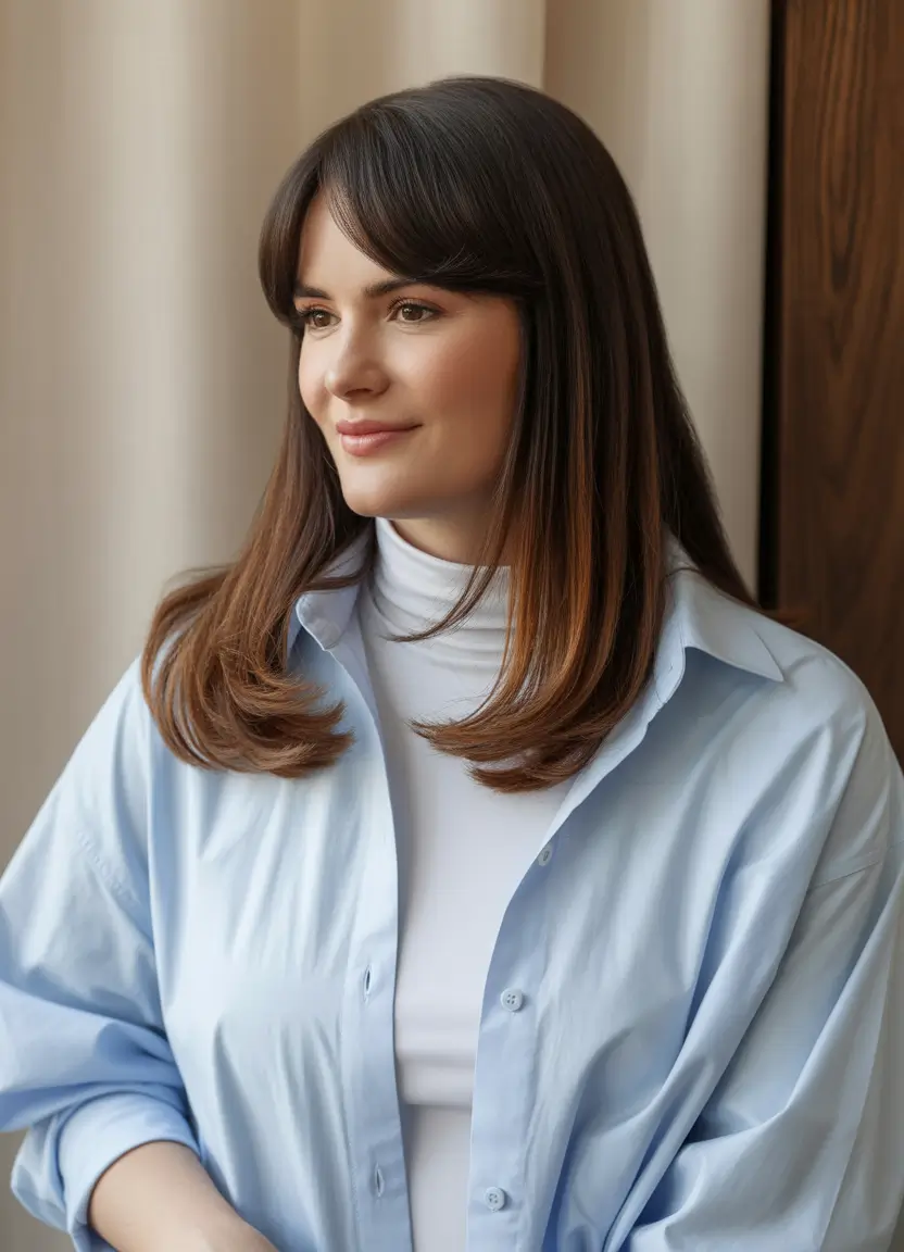 Fall Haircuts for Chubby Faces Soft Curtain Layers with a Warm Fall Glow