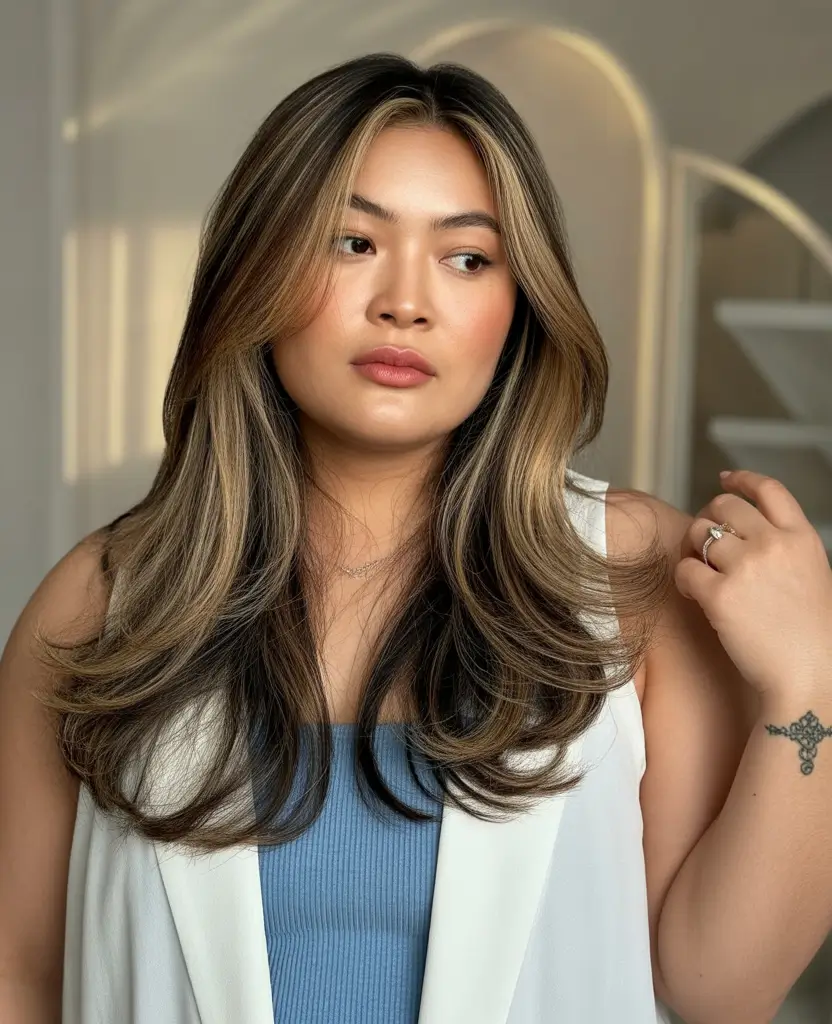 Fall Haircuts for Chubby Faces+Butterfly Layers With Caramel Dimension