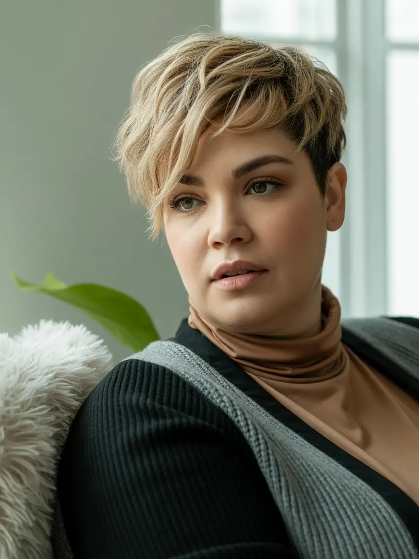 Fall Haircuts for Chubby Faces+Side-Swept Pixie With Blonde Dimension