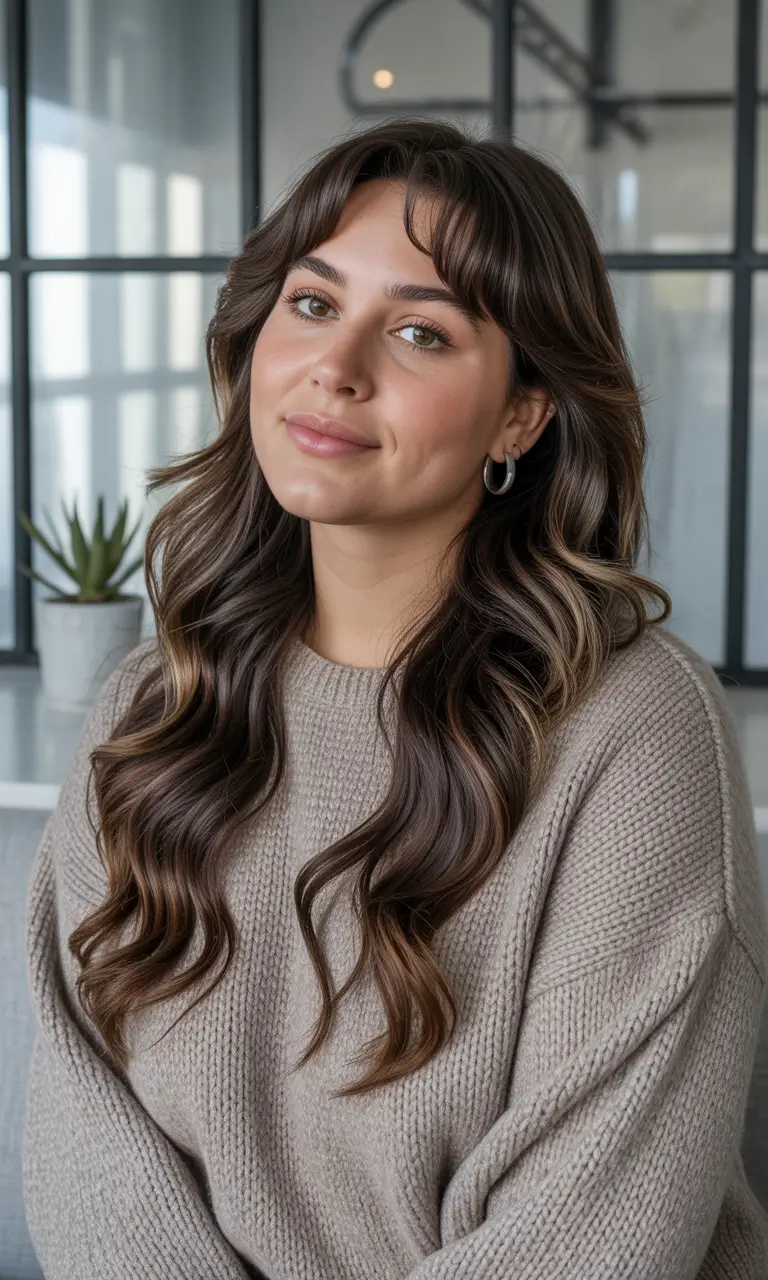 Fall Haircuts for Chubby Faces Face-Framing Waves with Wispy Fringe