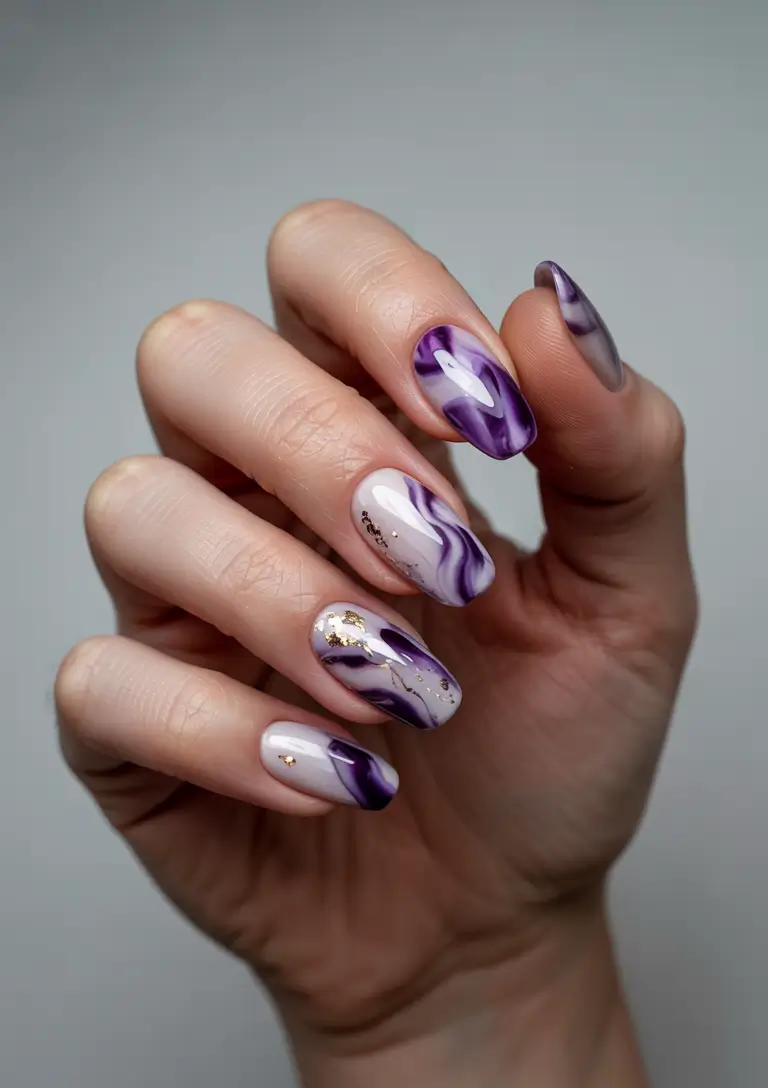 Popular-September-nails-color-Smoky-Plum-Marble-with-Gold-Leaf