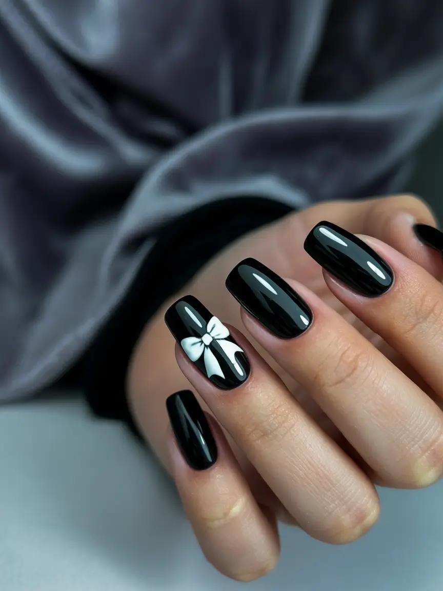Black-nail-ideas+Glossy-Noir-with-a-Bow-Detail