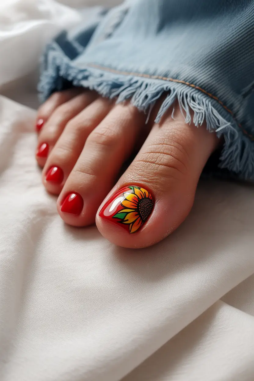 Sunflower Red Toe Nail Design Early Fall 2025