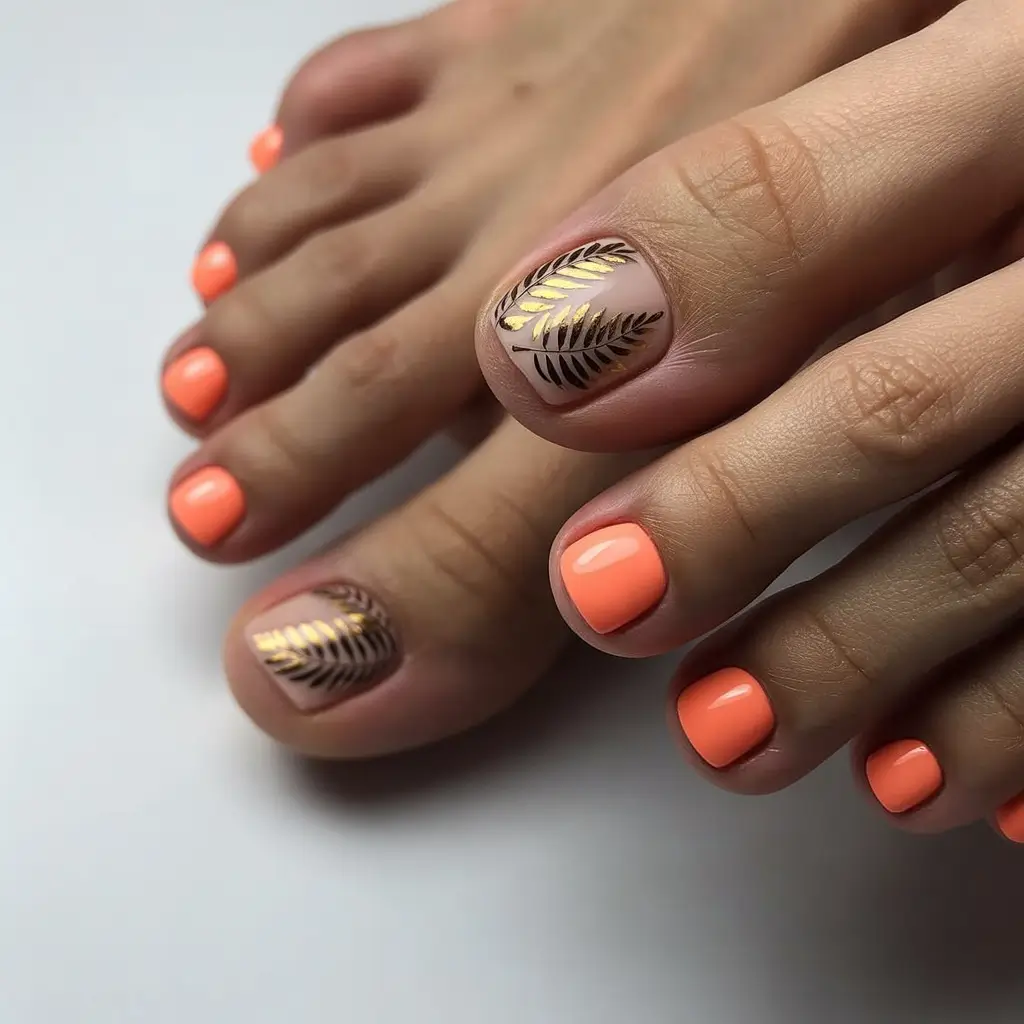 Coral Gold Leaf Toe Nail Art Early Fall 2025