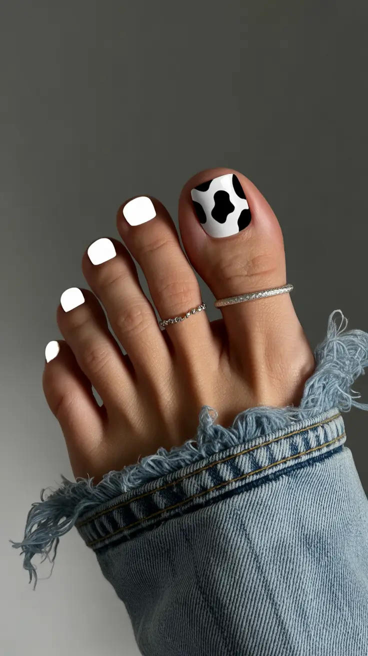 White Cow Print Toe Nail Design Early Fall 2025