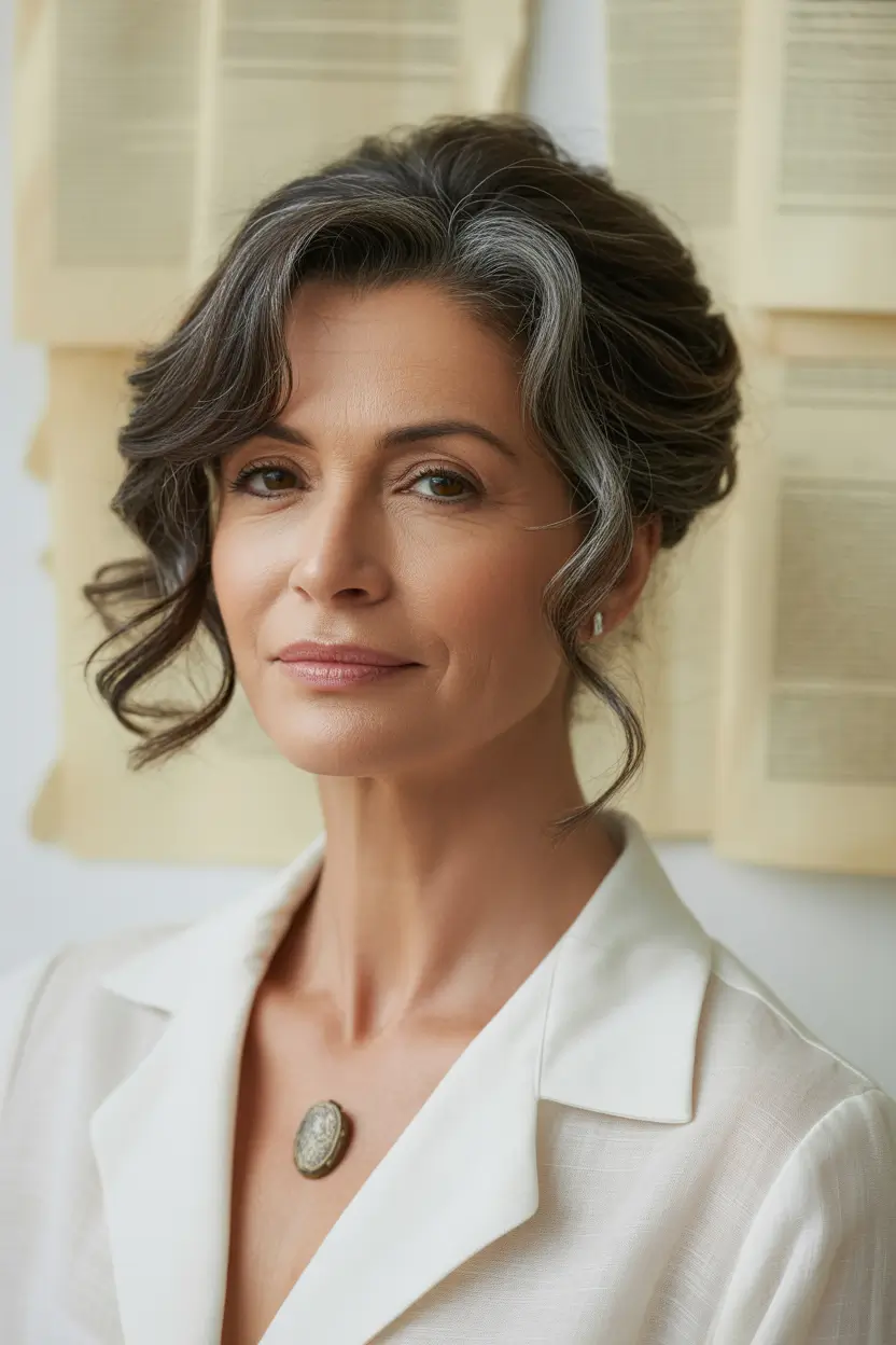 fall-hairstyles-for-women-over-40-silver-threaded-updo-with-face-framing-wisps
