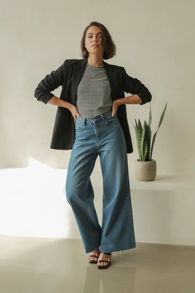 fall outfits with jeans 2025 French Girl Edge in a Blazer & Stripes