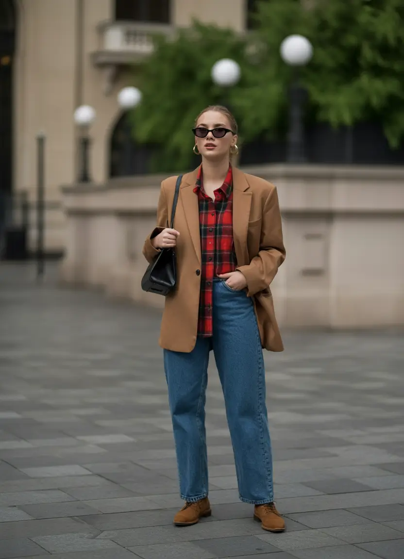 fall outfits with jeans 2025 Cool Girl Plaid with a City Edge