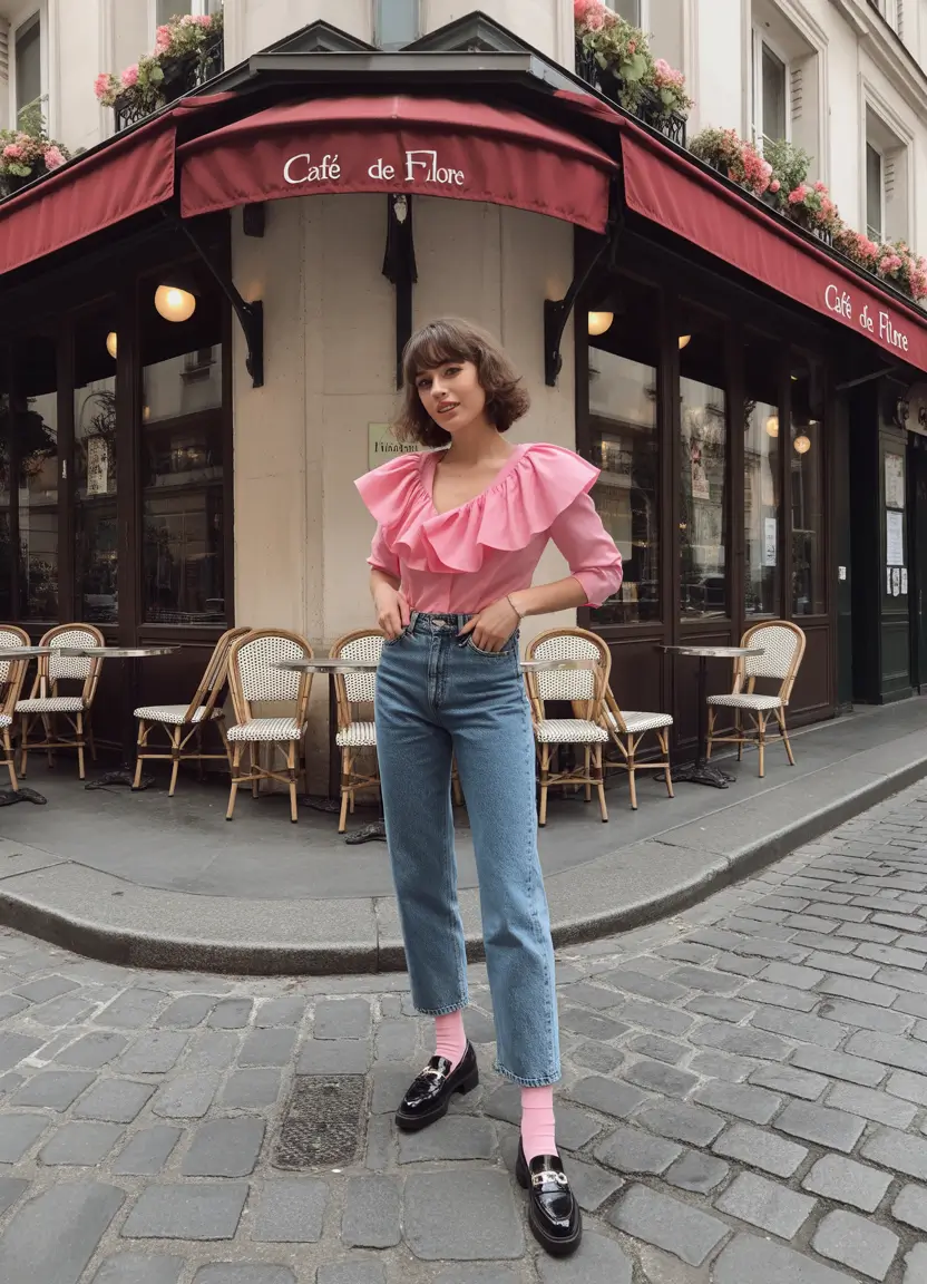 fall outfits with jeans 2025 Playful Ruffles and Parisian Pink