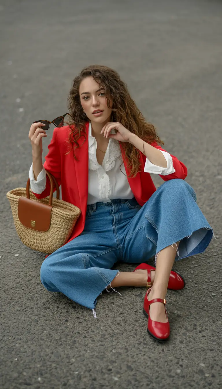 fall outfits with jeans 2025 Power Red in Relaxed Denim