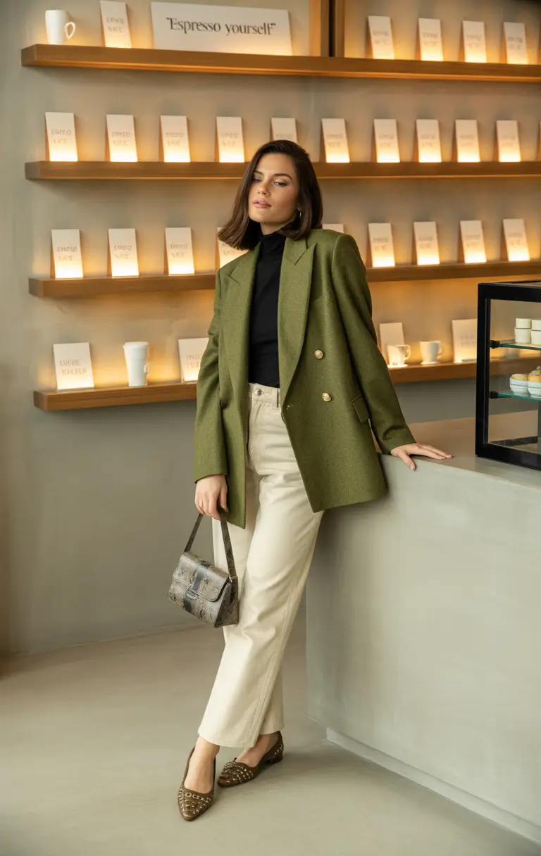 fall outfits with jeans Muted Greens & Sharp Tailoring