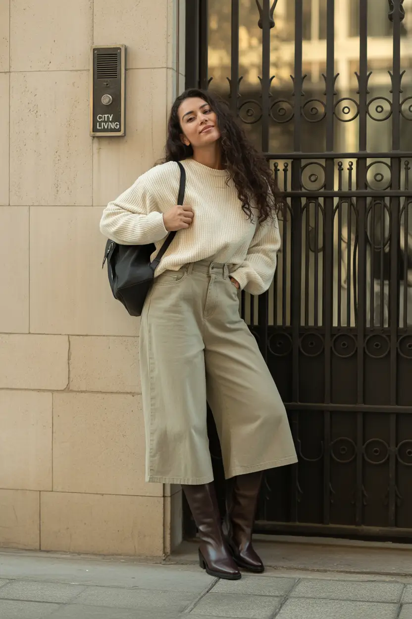 fall outfits with jeans Cozy Culottes & Luxe Boots