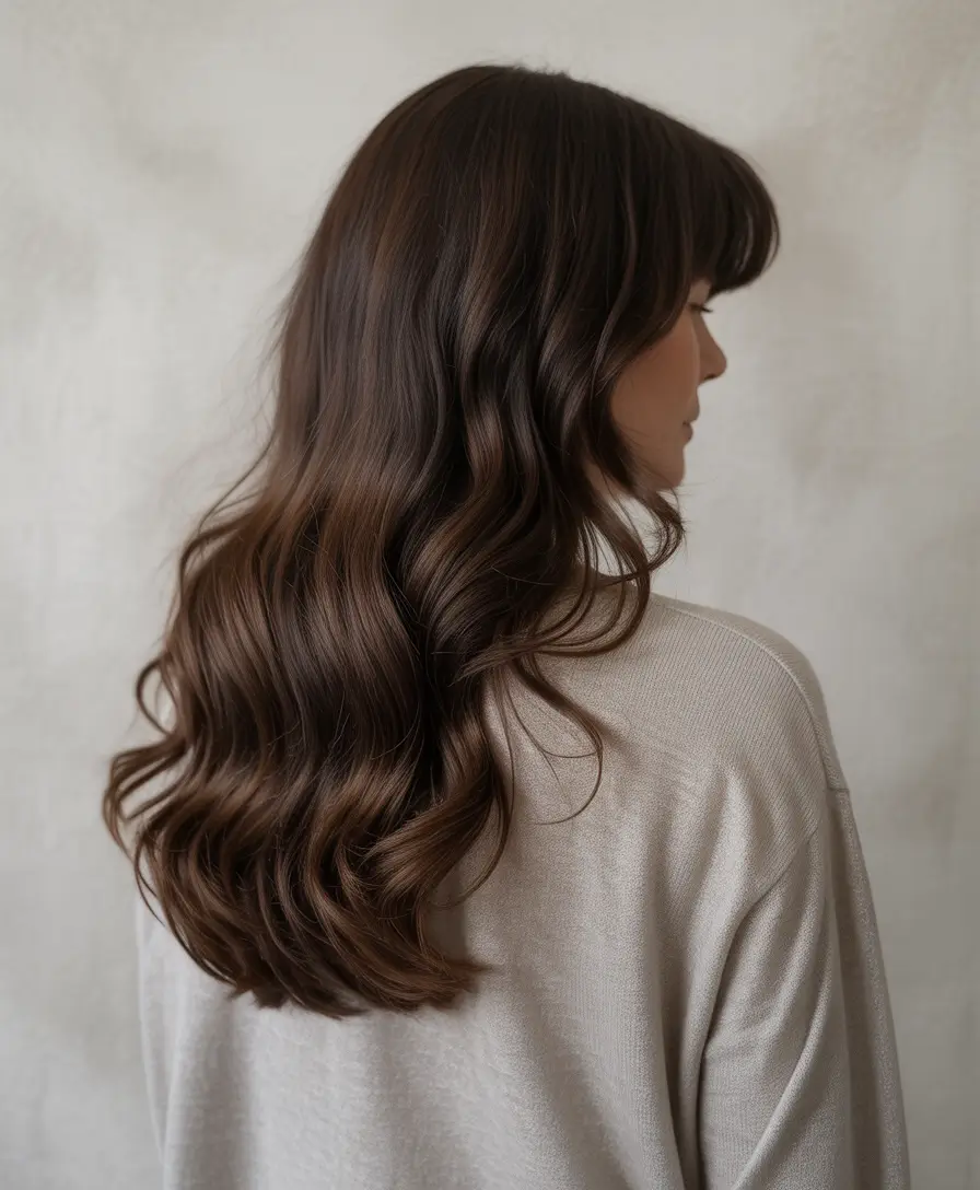 Fall hair color for women over 50 Rich Espresso Curls with Curtain Bangs