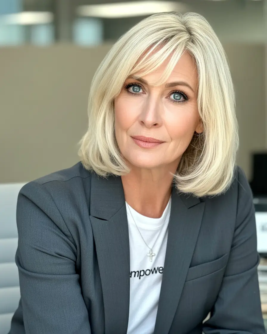 Fall hair color for women over 50 Polished Bob with Soft Blended Bangs