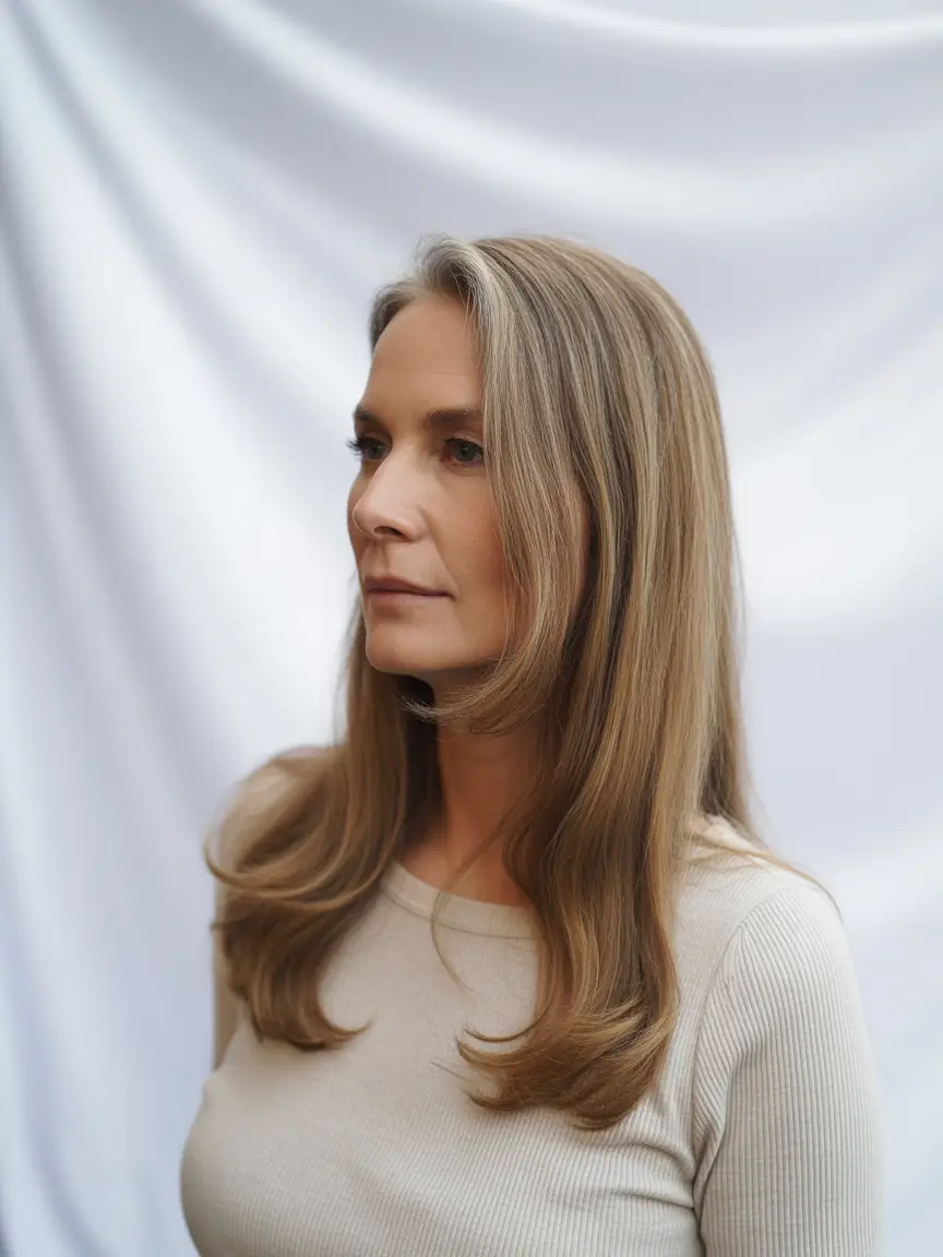 Fall hair color for women over 50 Toffee Whisper with Feathered Ends
