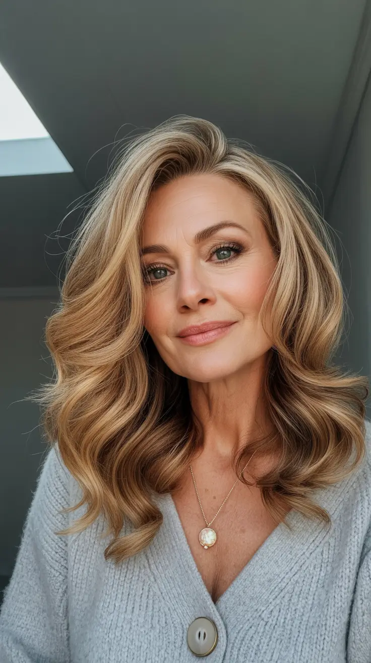 Fall hair color for women over 50 Buttery Caramel Curls with Lifted Roots