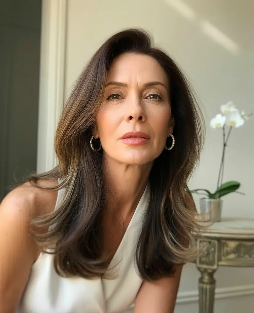 Fall hair color for women over 50 Dimensional Brunette with Soft Mocha Contour