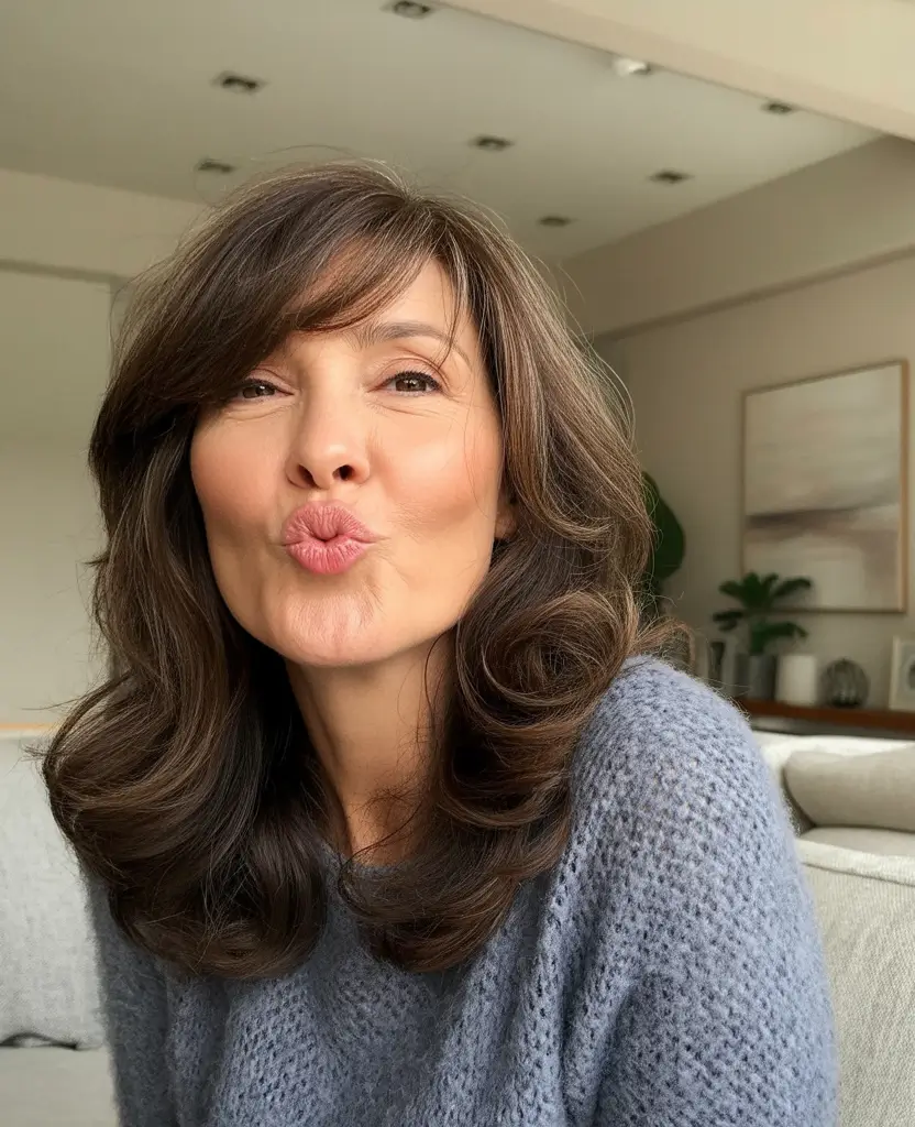 Fall hair color for women over 50 Layered Chestnut with Youthful Curl