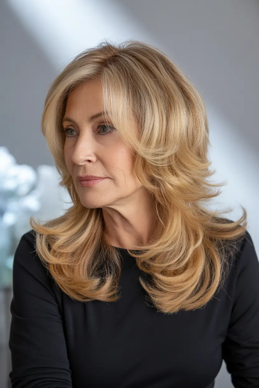 Fall hair color for women over 60 Warm Blonde Layers with Soft Volume