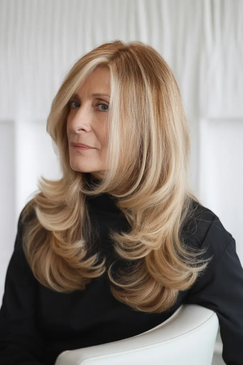 Fall hair color for women over 60 Luxurious Layered Champagne Blonde