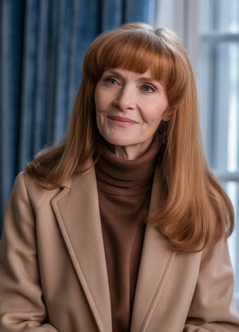 Fall hair color for women over 60 Soft Auburn Layers with Full Fringe