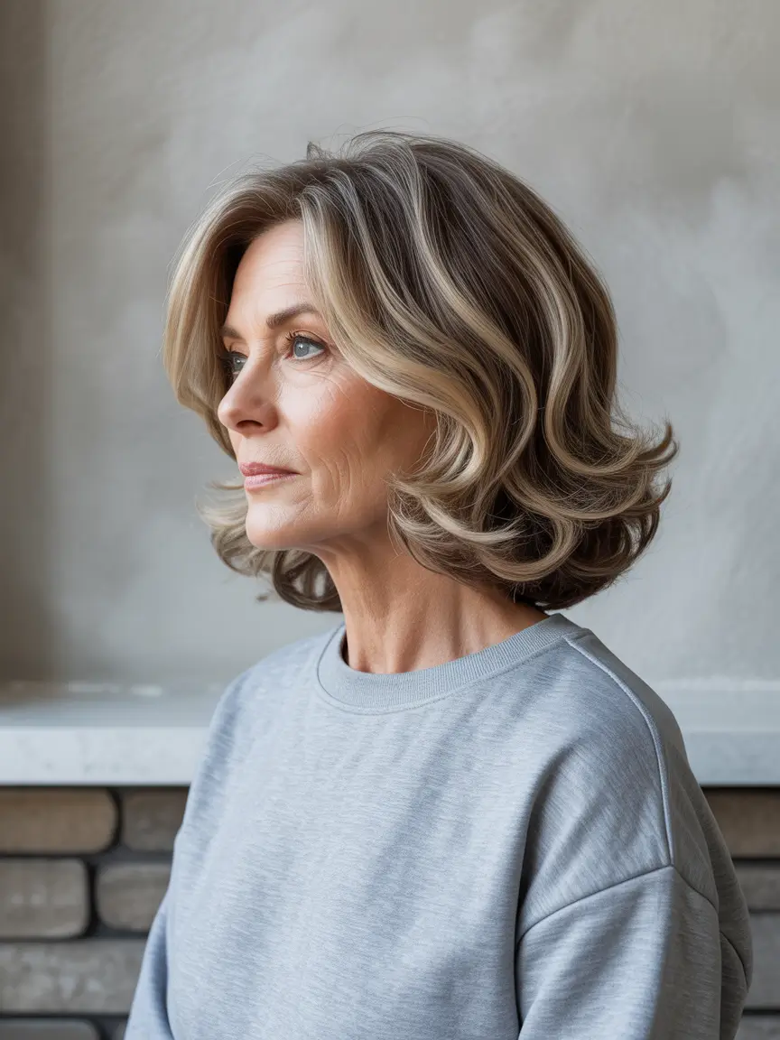 Fall hair color for women over 60 Soft Mushroom Blonde Bob with Lived-In Volume