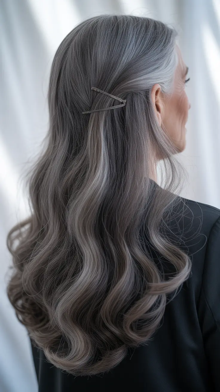 Fall hair color for women over 60 Elegant Charcoal Waves with Dimensional Shine