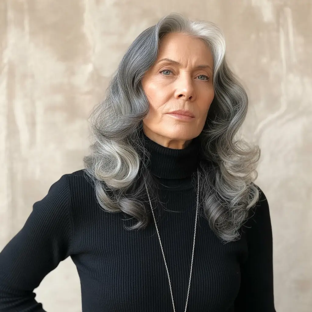Fall hair color for women over 60 Salt and Pepper with Striking Face-Frame