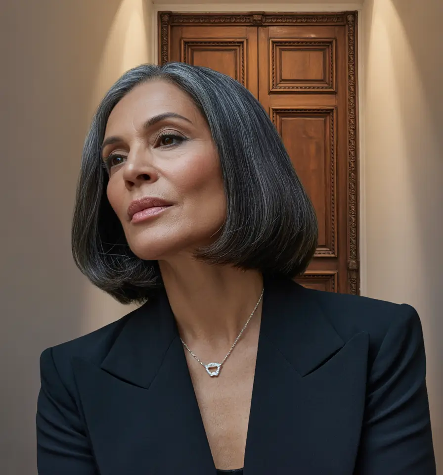 Fall hair color for women over 60 Sleek Graphite Bob with Icy Shine