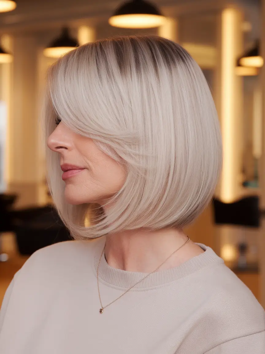 Fall haircuts for women over 50 Timeless Ice Blonde Bob with a Soft Curve