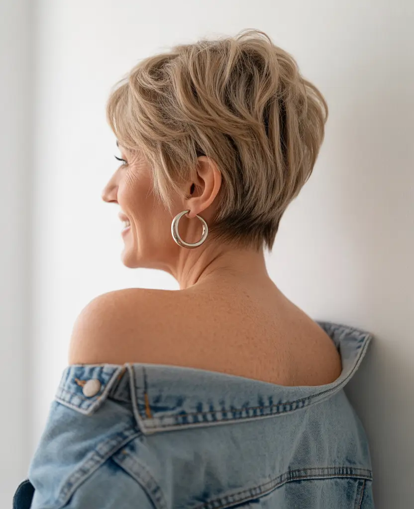 Fall haircuts for women over 50 Back-Tapered Tousled Crop for Effortless Ease