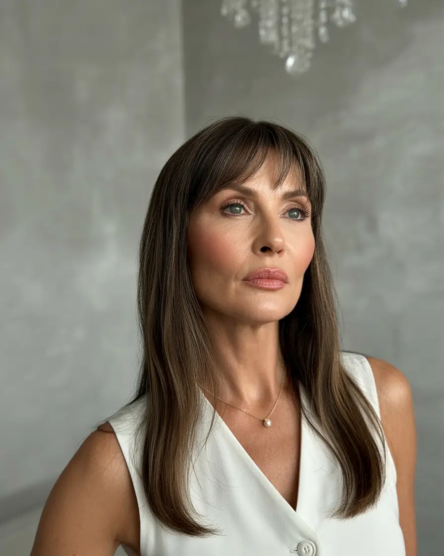 Fall haircuts for women over 50 Sleek Medium Long Cut with Soft Bangs