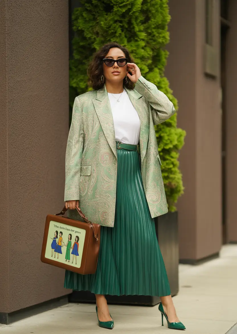 midsize fall outfits Mint Paisley Meets Power Pleats