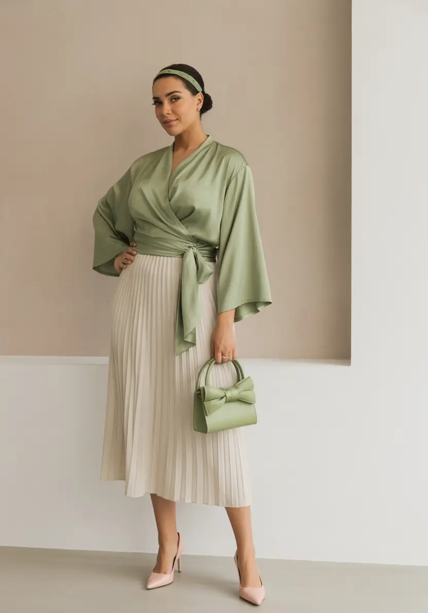 midsize fall outfits Sage Drapes and Soft Pleats
