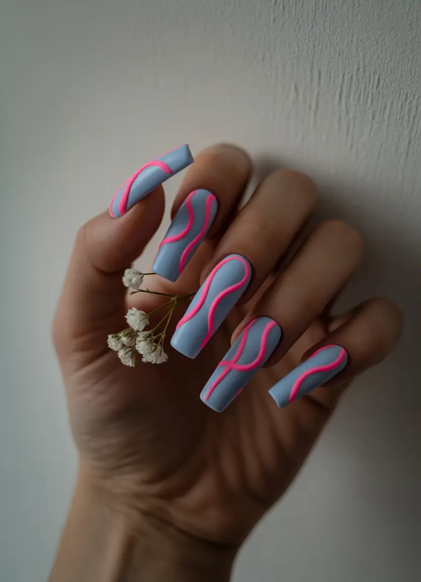 Fall ballerina nails 2025 Periwinkle and Neon Pink for Cloudy Day Drama