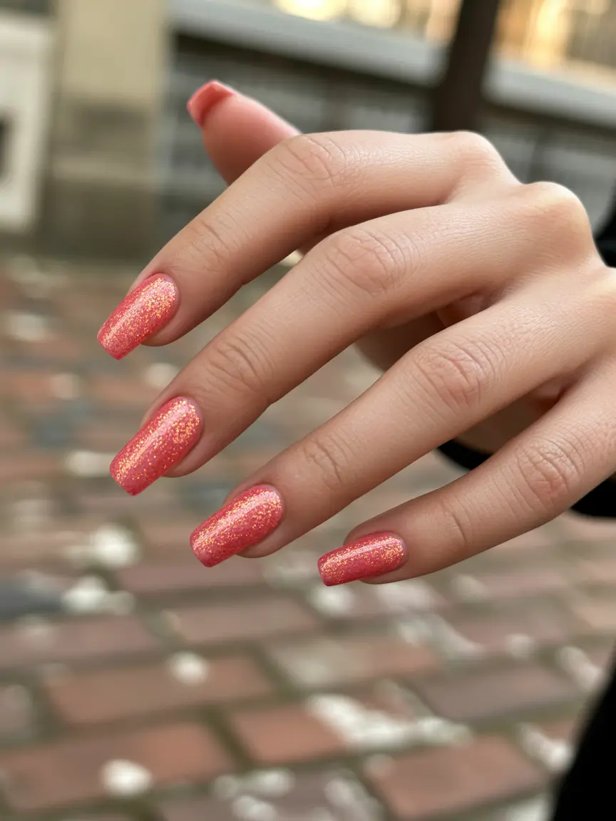 Fall Ballerina Nails 2025 - Coral Sparkle with an Autumn Glow