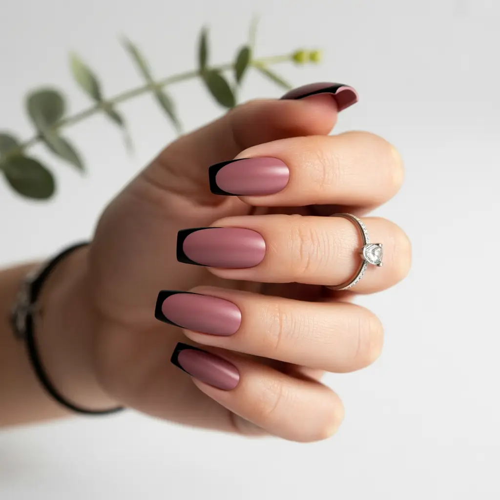 Fall ballerina nails 2025 Muted Mauve & Jet Black Micro-French