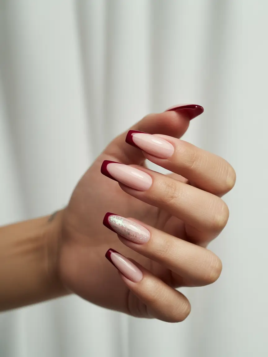 Fall French tip nails 2025 Wine-Red Coffin Tips with a Hint of Sparkle
