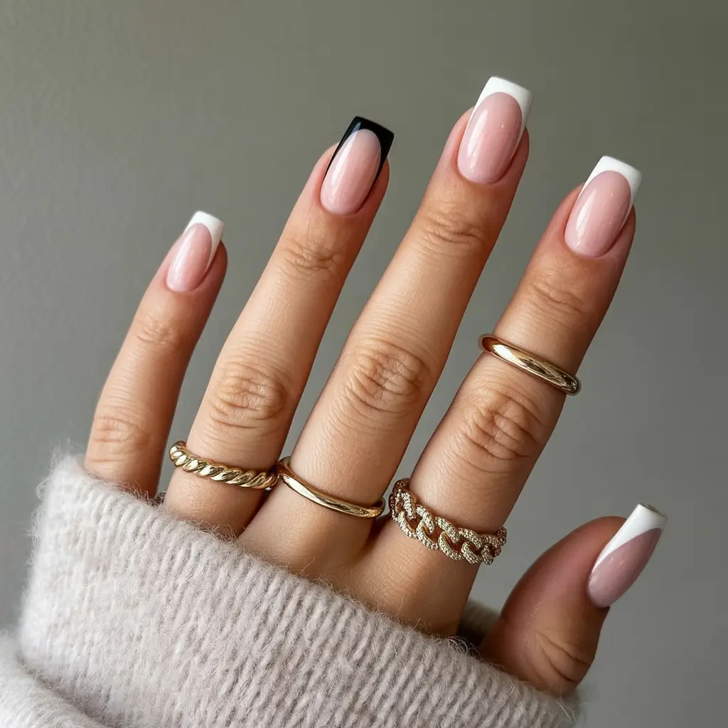 Fall French tip nails 2025 Chic Mix of White & Black French on Square Tips