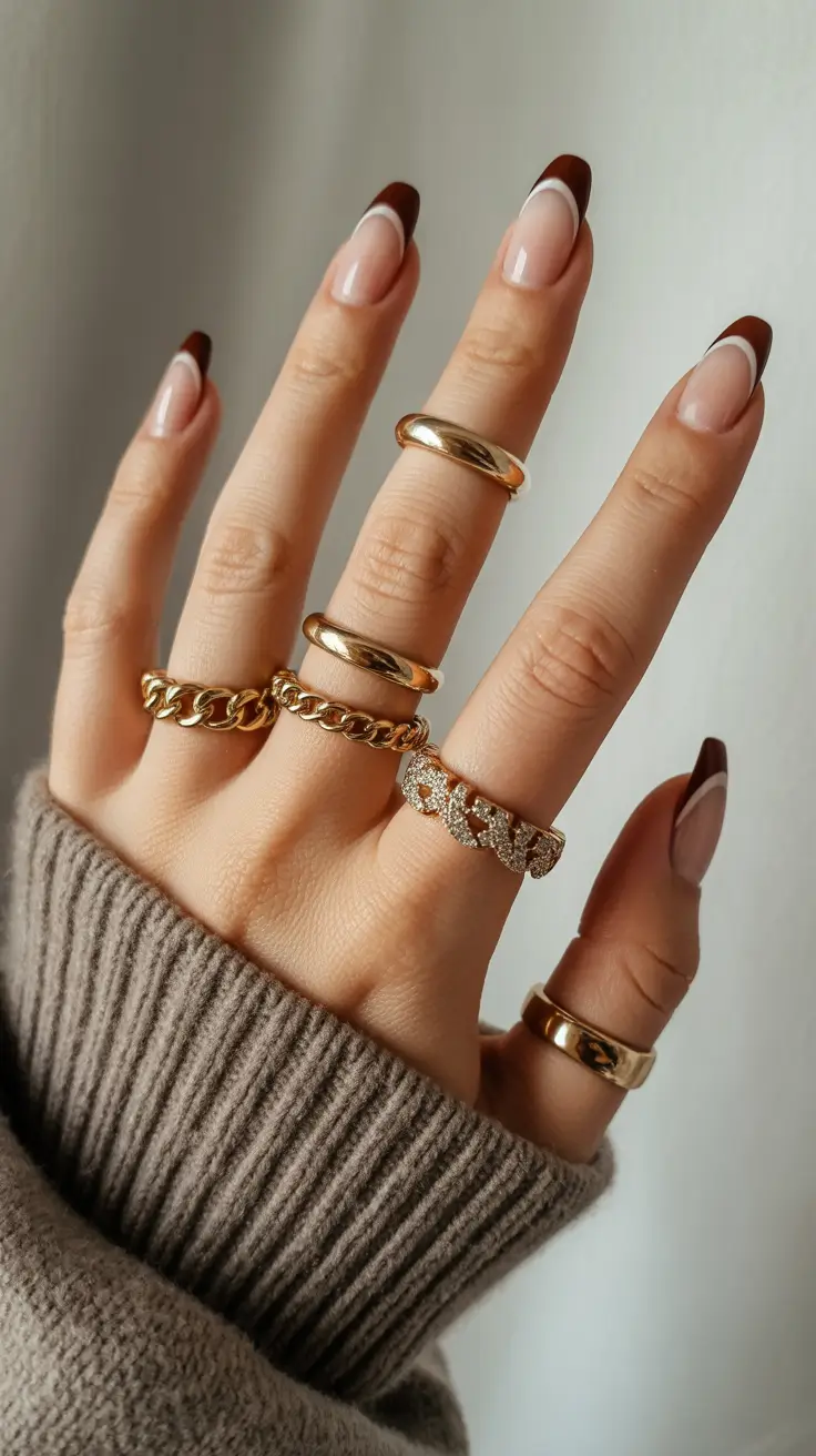 Fall French tip nails 2025 Toffee Swirls with Fine White Outlines