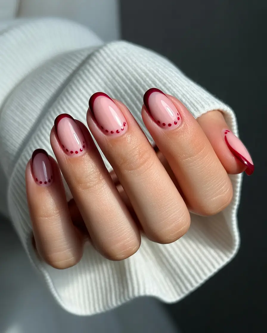 Fall French tip nails 2025 Red Tips and Dot Accents: Retro Meets Romance