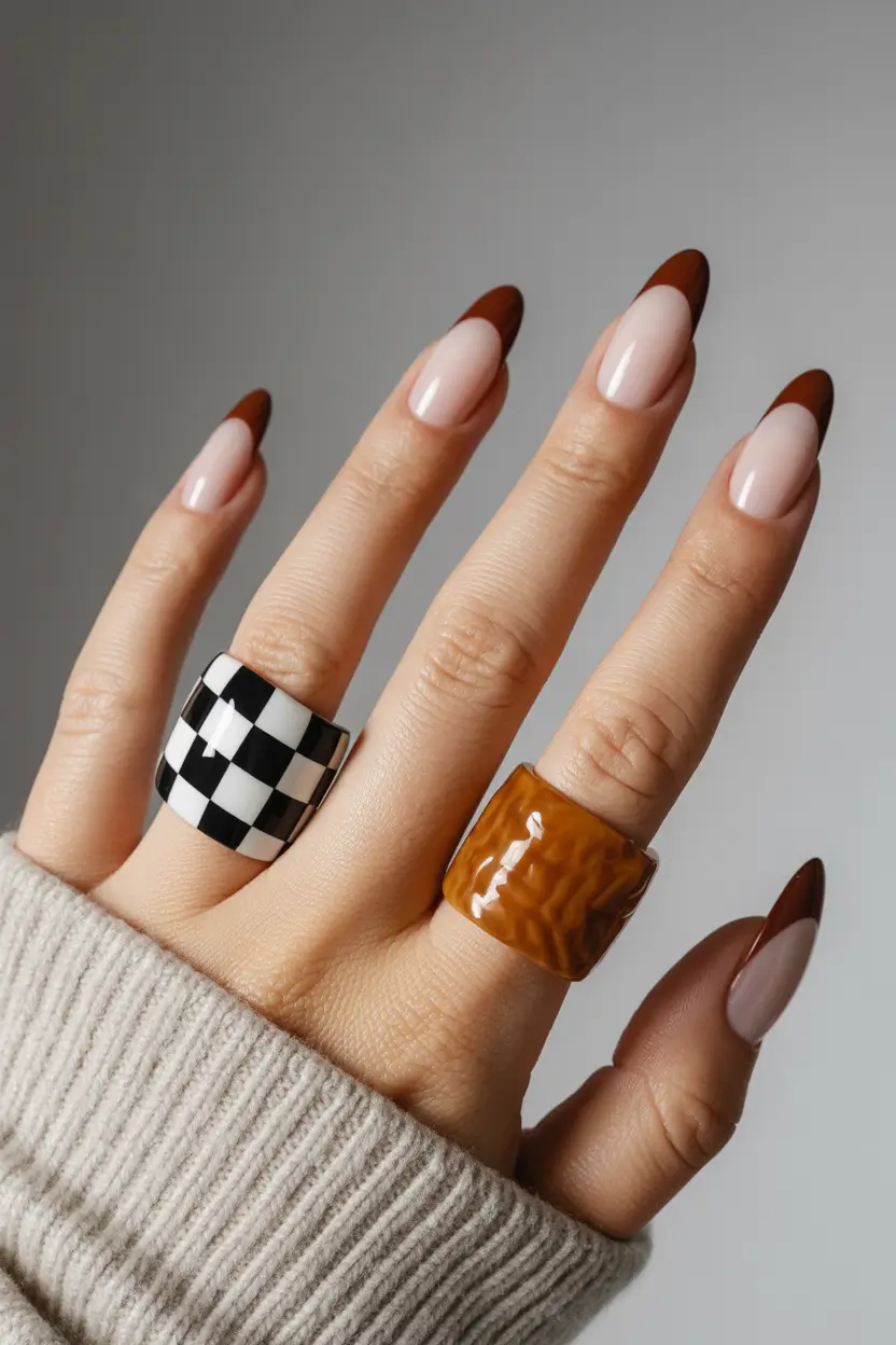 Fall French tip nails 2025 Caramel Almond Tips, Pure & Simple