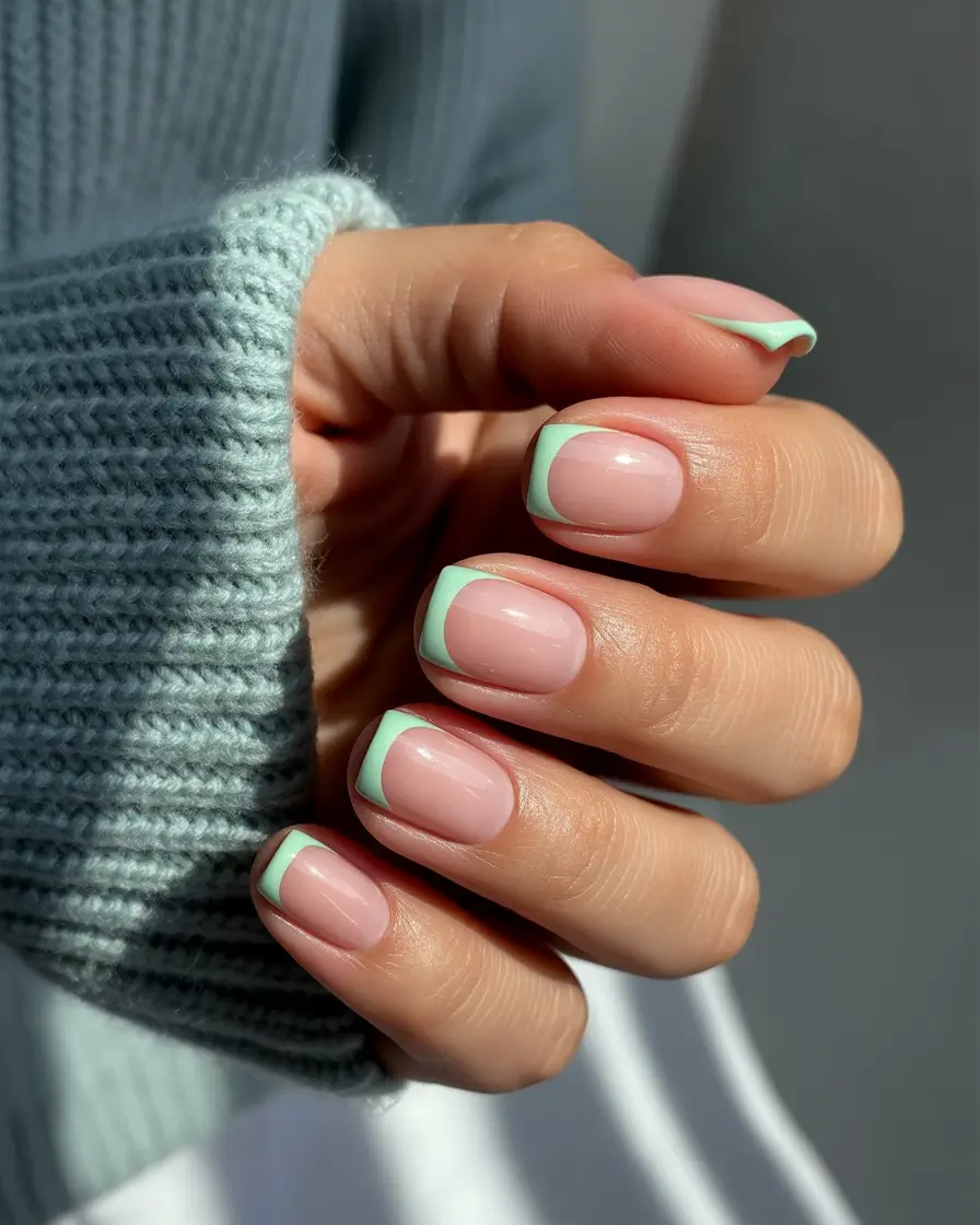 Fall French tip nails 2025 Short and Sweet: Mint-Tipped Squovals